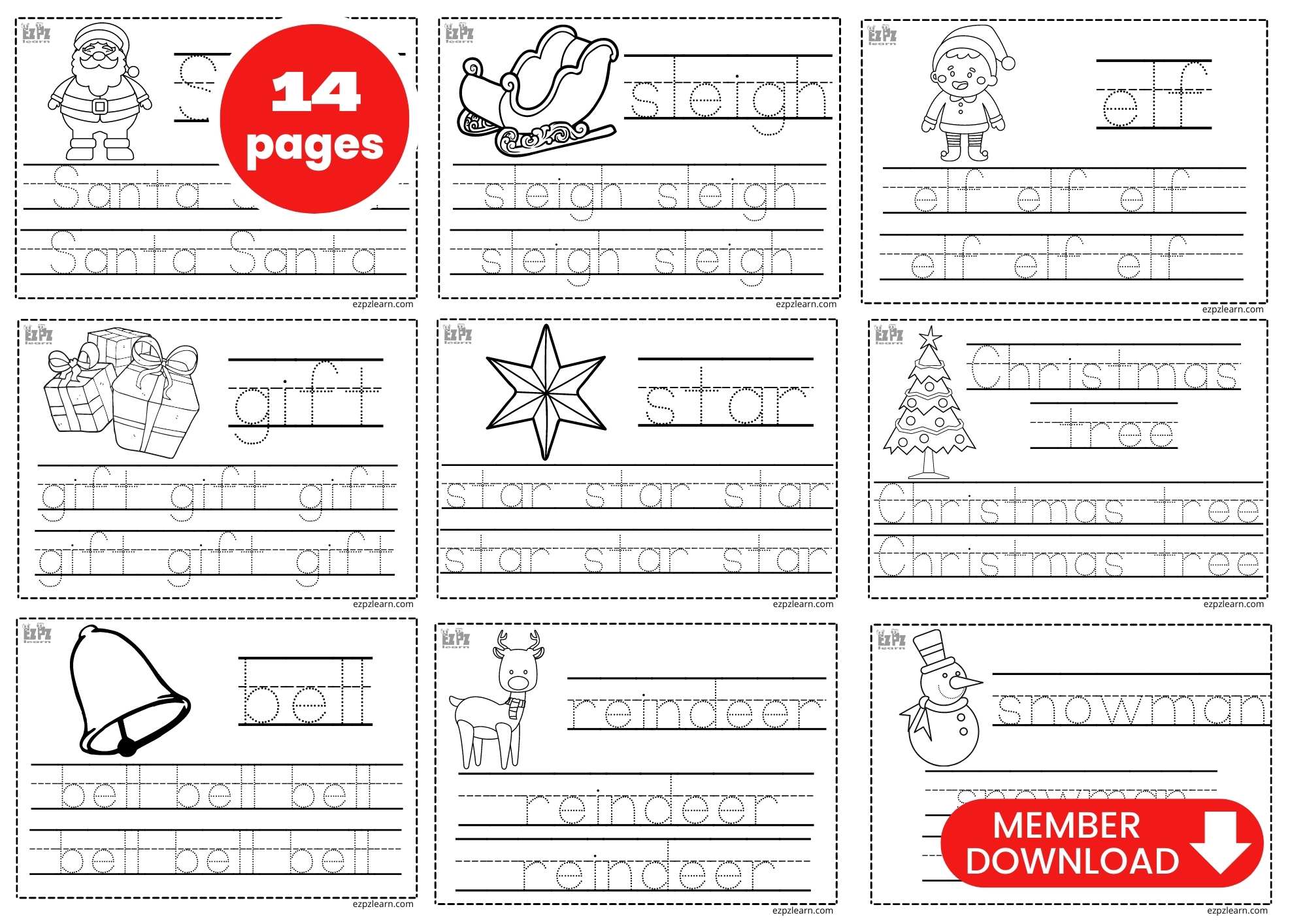 Christmas coloring and word tracing 14 pages include: Santa, sleigh, elf, gifts, star, Christmas tree, bell, and reindeer
